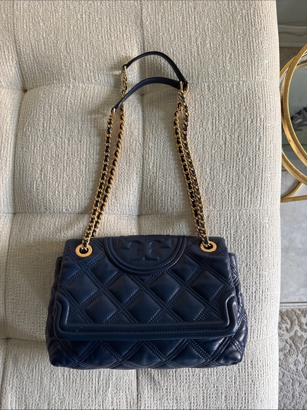 Tory Burch fleming soft convertible shoulder Bag Leather Quilted Chain Dark Blue - Picture 9 of 16